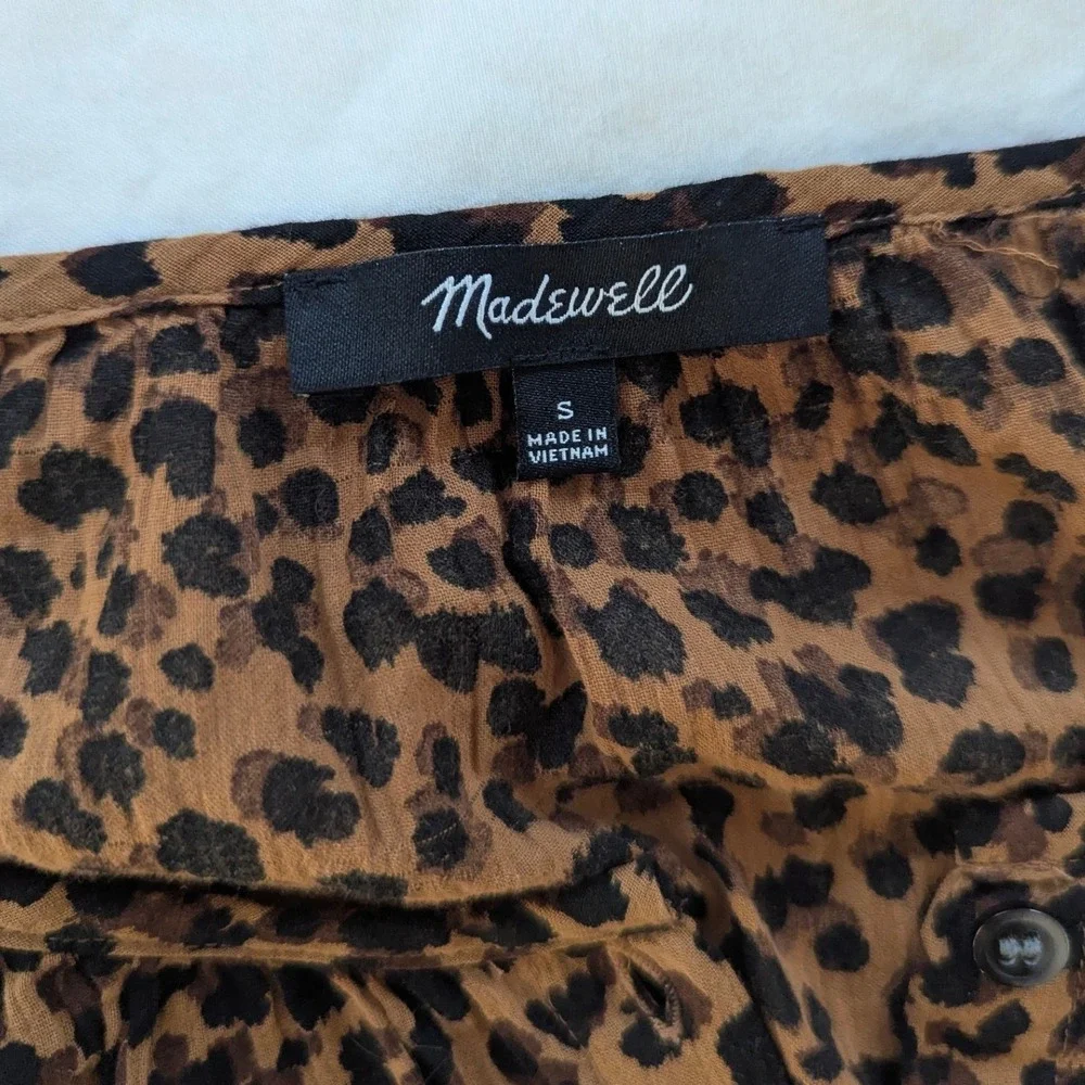 Madewell Blouse Women‎ S Brown Leopard Print Puff Sleeve Button Front Cotton Top